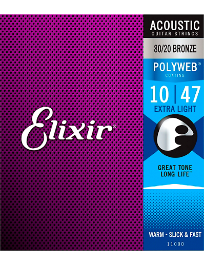 Elixir Polyweb Coated 80/20 Bronze Acoustic Guitar Strings 11000 Extra Light 10-47