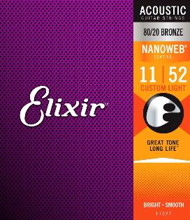 Elixir Nanoweb Coated 80/20 Bronze Acoustic Guitar Strings 11027 Custom Light 11-52