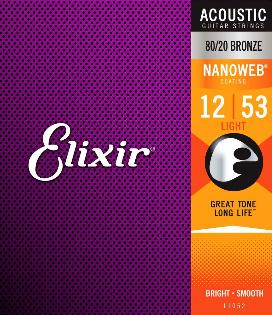 Elixir Nanoweb Coated 80/20 Bronze Acoustic Guitar Strings 11052 Light 12-53
