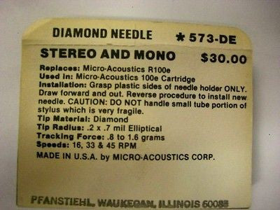 Genuine Micro-Acoustics Diamond Needle Pfanstiehl # 573-DE